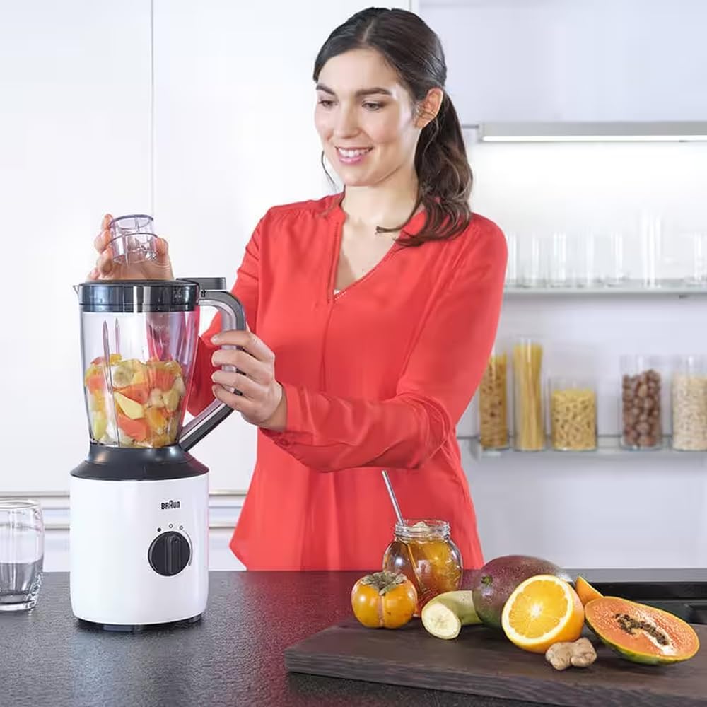Braun Powerblend Jug Blender, 800W, 1.5L blender, TriAction Technology, Variable speed and Pulse function, Silent blending, chopper & grinder خلاط باور بلند بوعاء من براون Braun Powerblend Jug Blender, 800W, 1.5L blender, TriAction Technology, Variable speed and Pulse function, Silent blending, chopper & grinder خلاط باور بلند بوعاء من براون